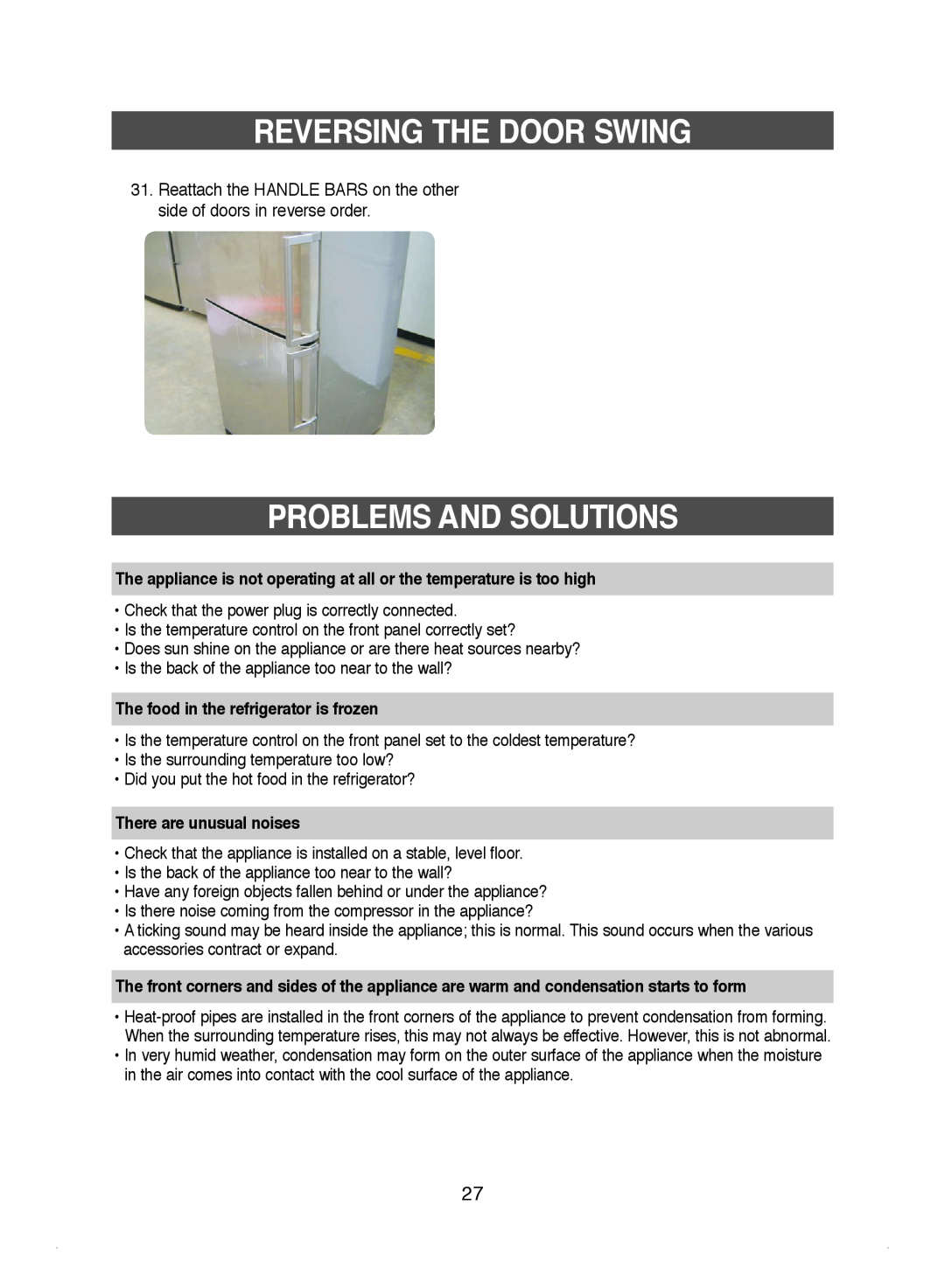 Samsung DA99-01220J manual Problems And Solutions, Reversing The Door Swing, The food in the refrigerator is frozen 