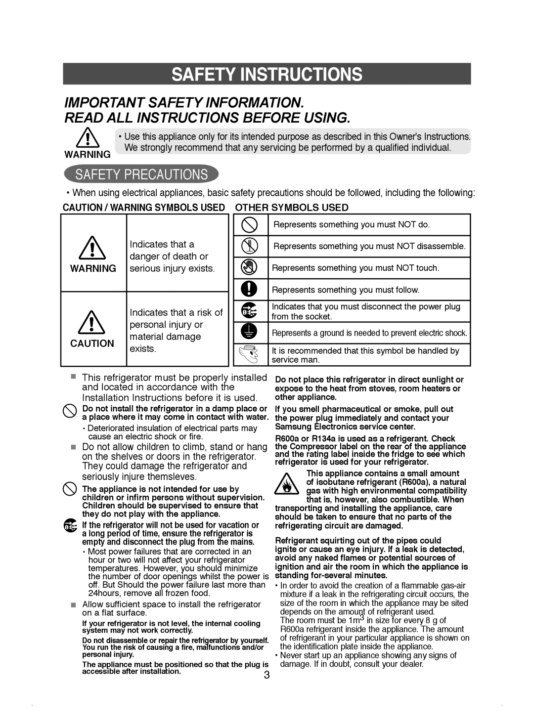 Samsung DA99-01220J manual Safety Instructions, Important Safety Information Read All Instructions Before Using 