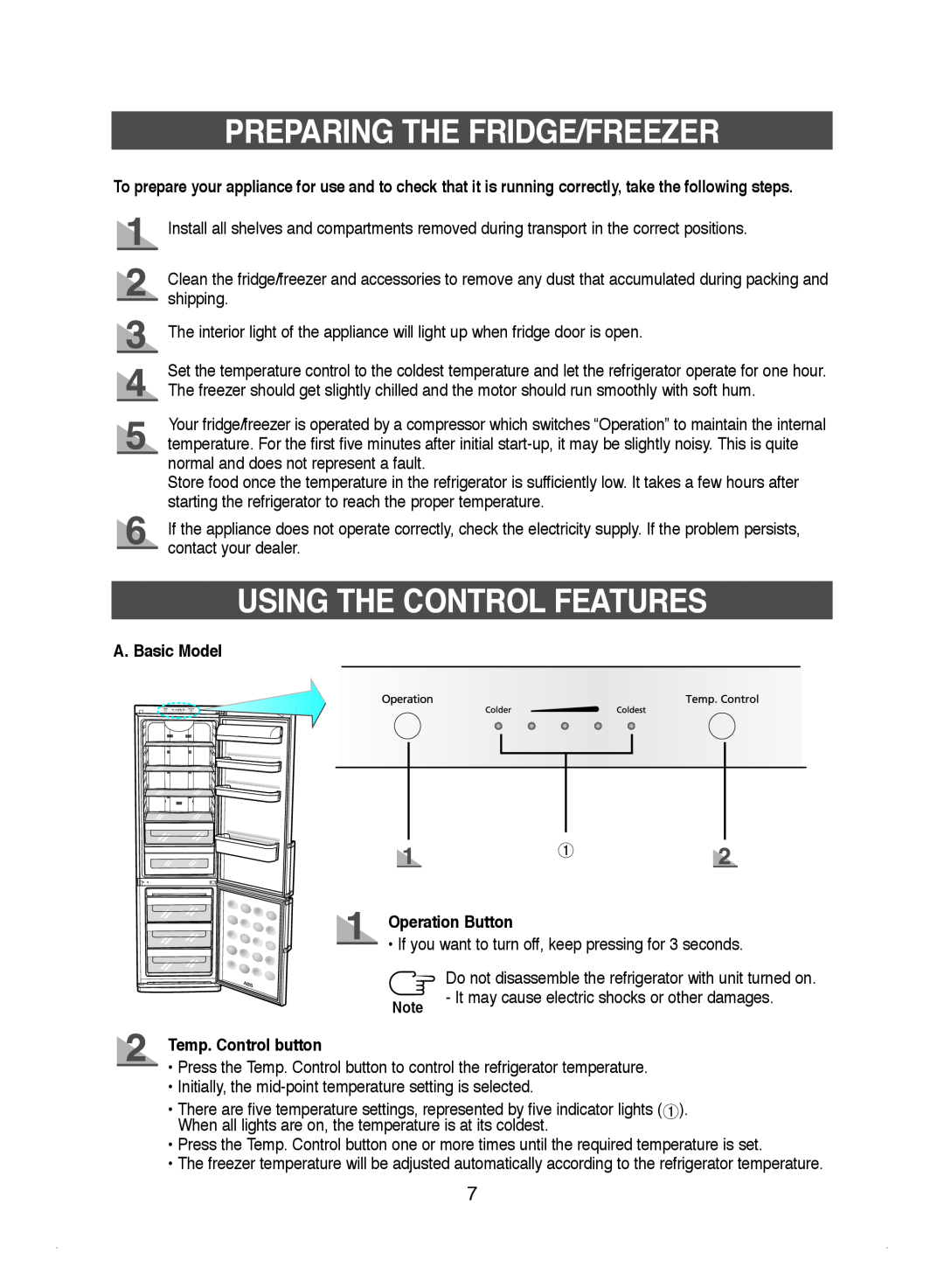 Samsung DA99-01220J manual Preparing The Fridge/Freezer, Using The Control Features, A. Basic Model, Operation Button 