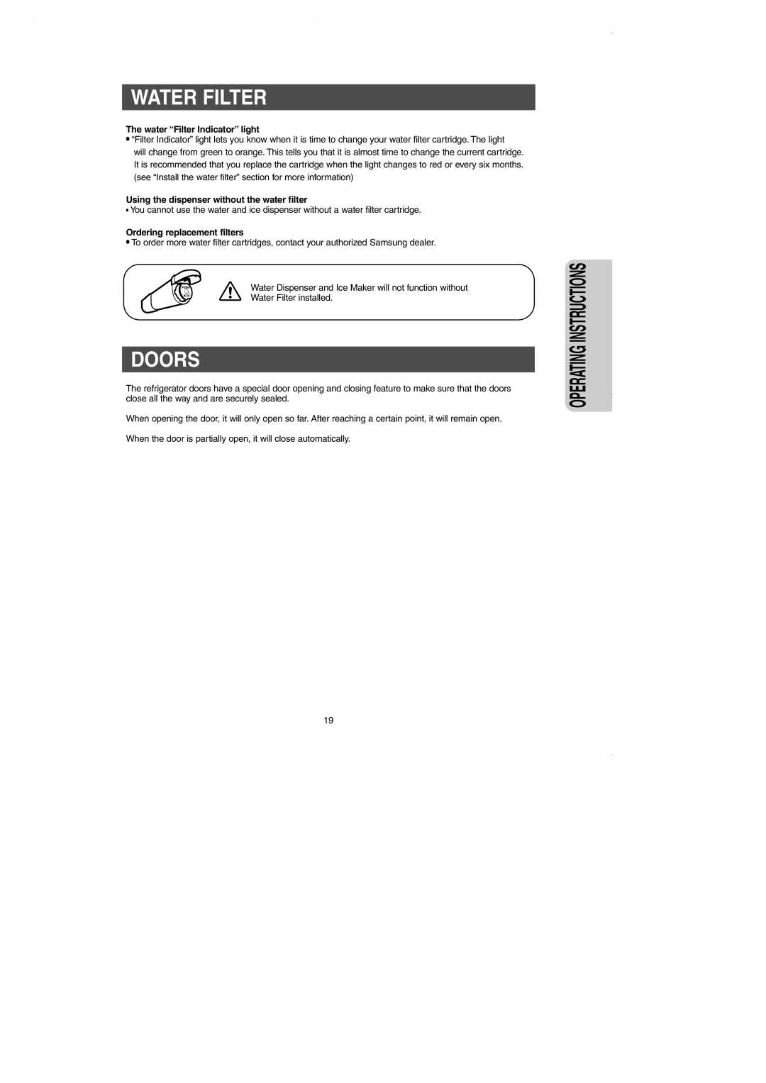 Samsung DA99-01225E owner manual Doors, Water Filter Indicator light, Using the dispenser without the water filter 