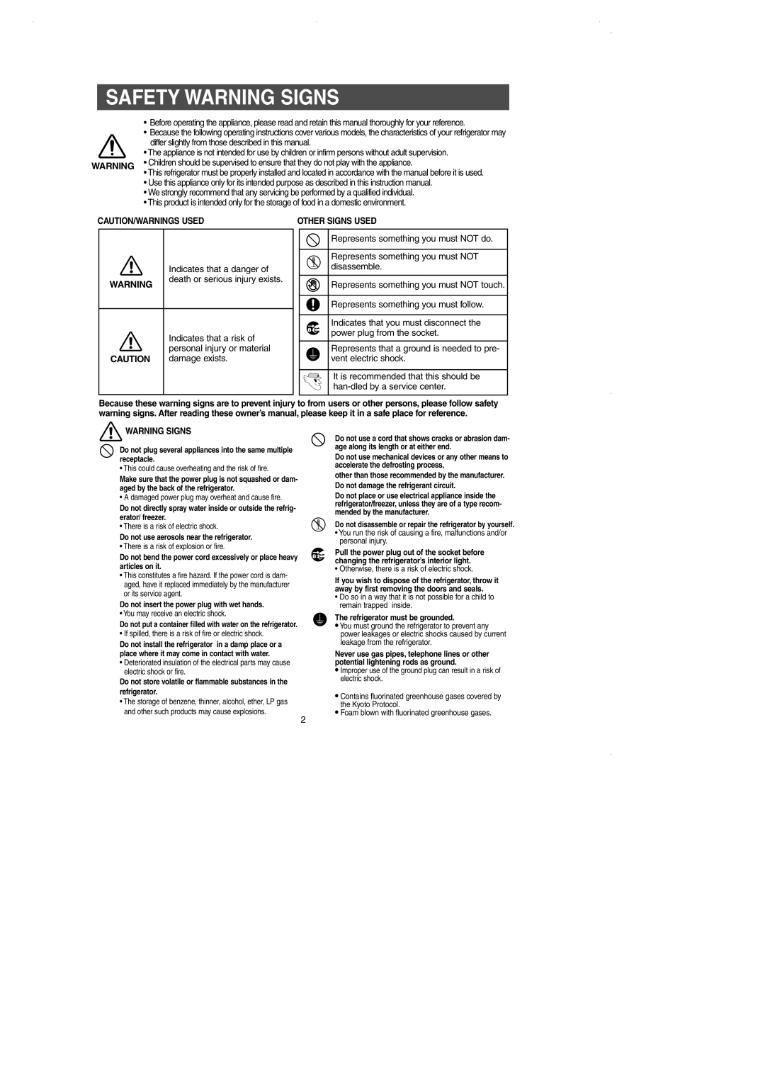 Samsung DA99-01225E owner manual Safety Warning Signs, Other Signs Used 