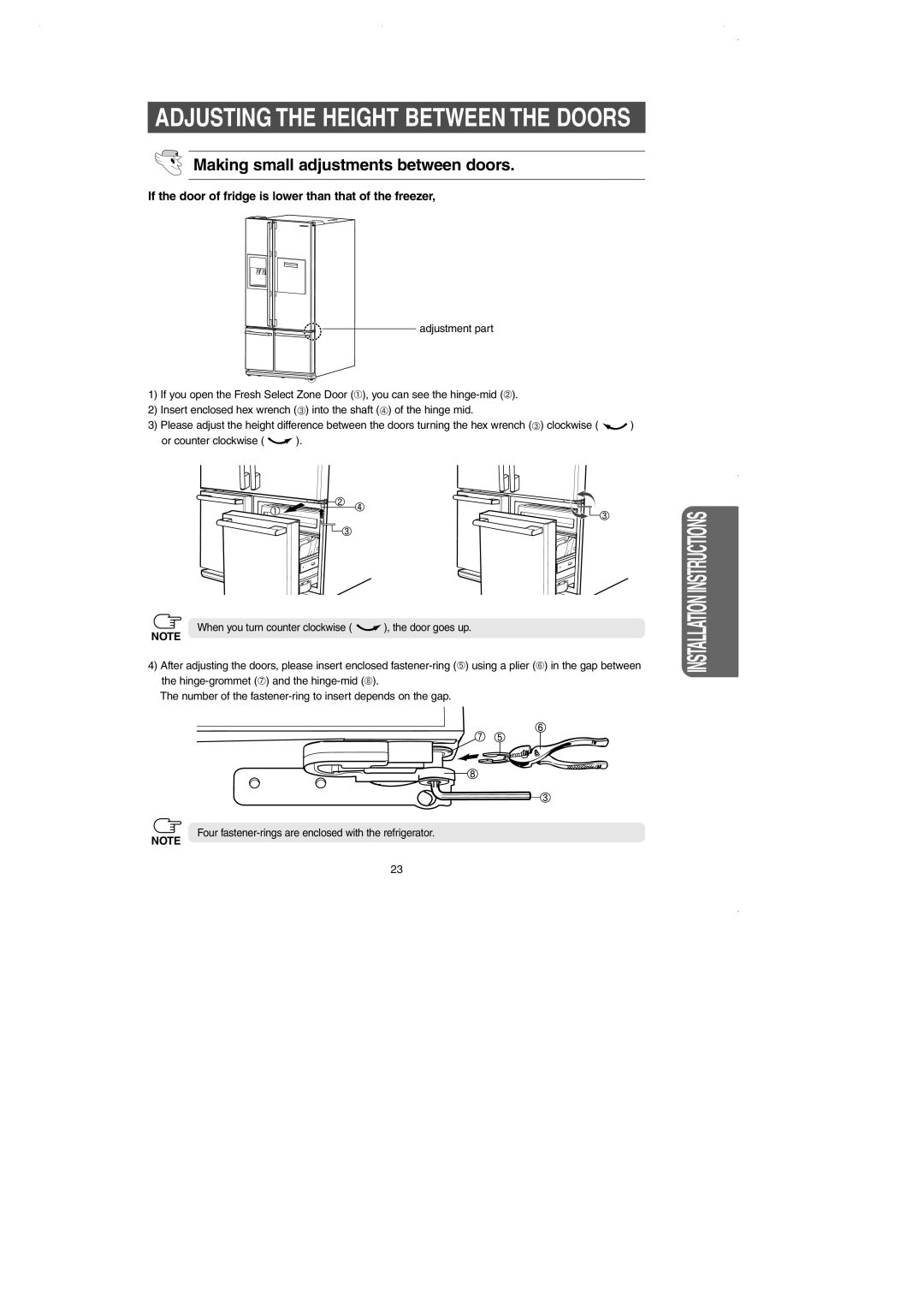 Samsung DA99-01225E owner manual Adjusting the Height Between the Doors, Making small adjustments between doors 