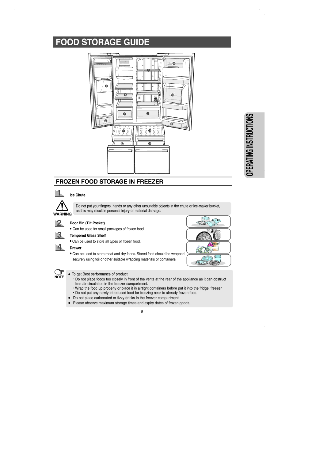 Samsung DA99-01225E owner manual Food Storage Guide, Ice Chute, Door Bin Tilt Pocket, Tempered Glass Shelf, Drawer 