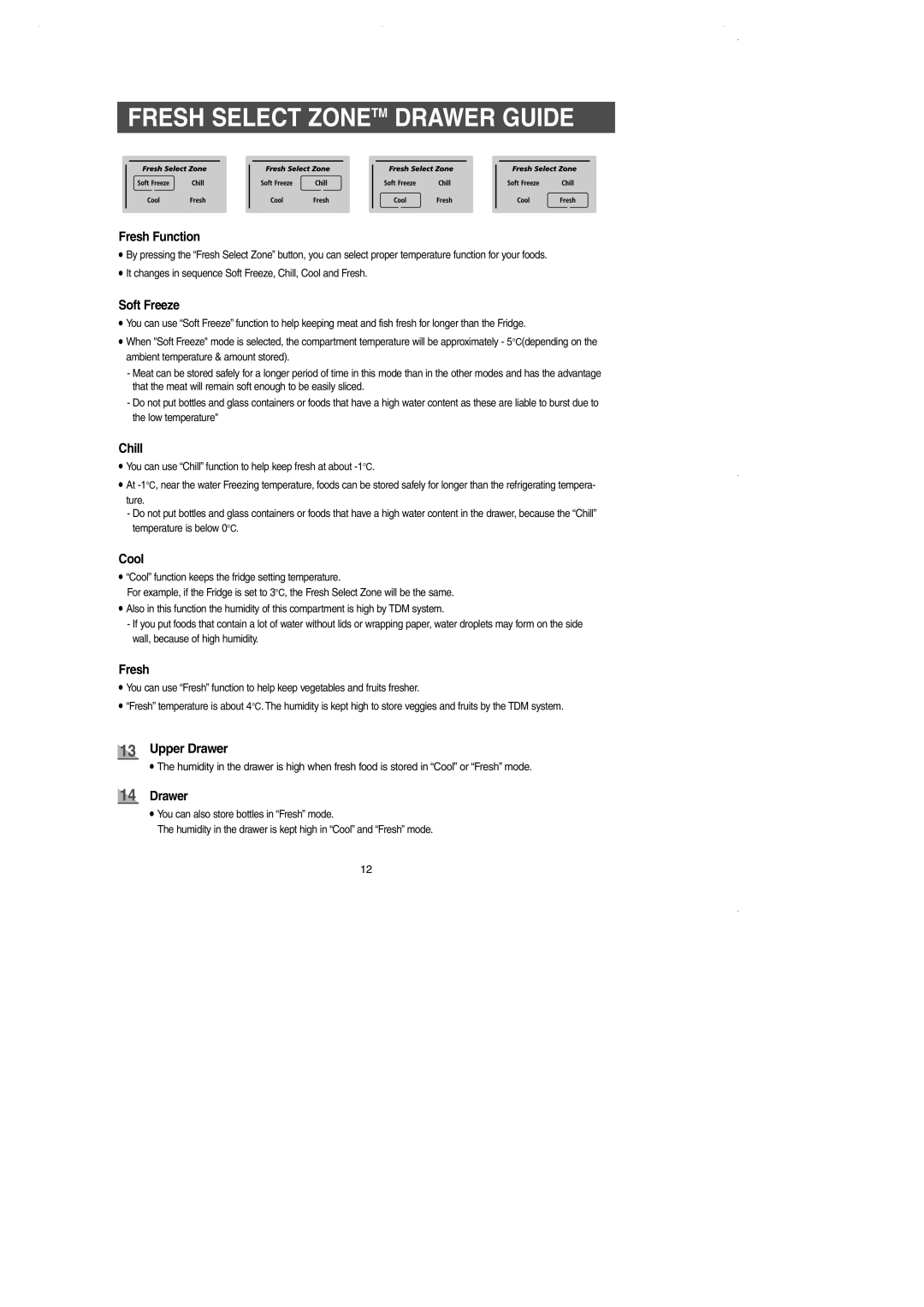 Samsung DA99-01225E owner manual Fresh Select Zonetm Drawer Guide, Fresh Function 