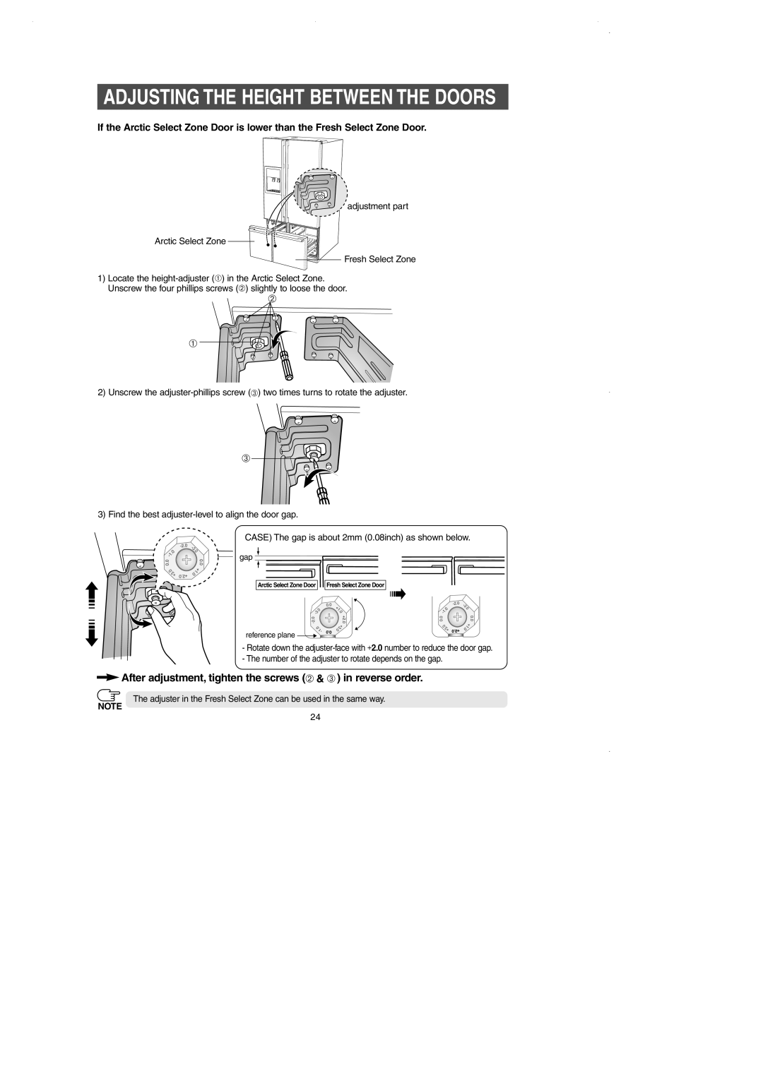 Samsung DA99-01225E owner manual Adjusting the Height Between the Doors 