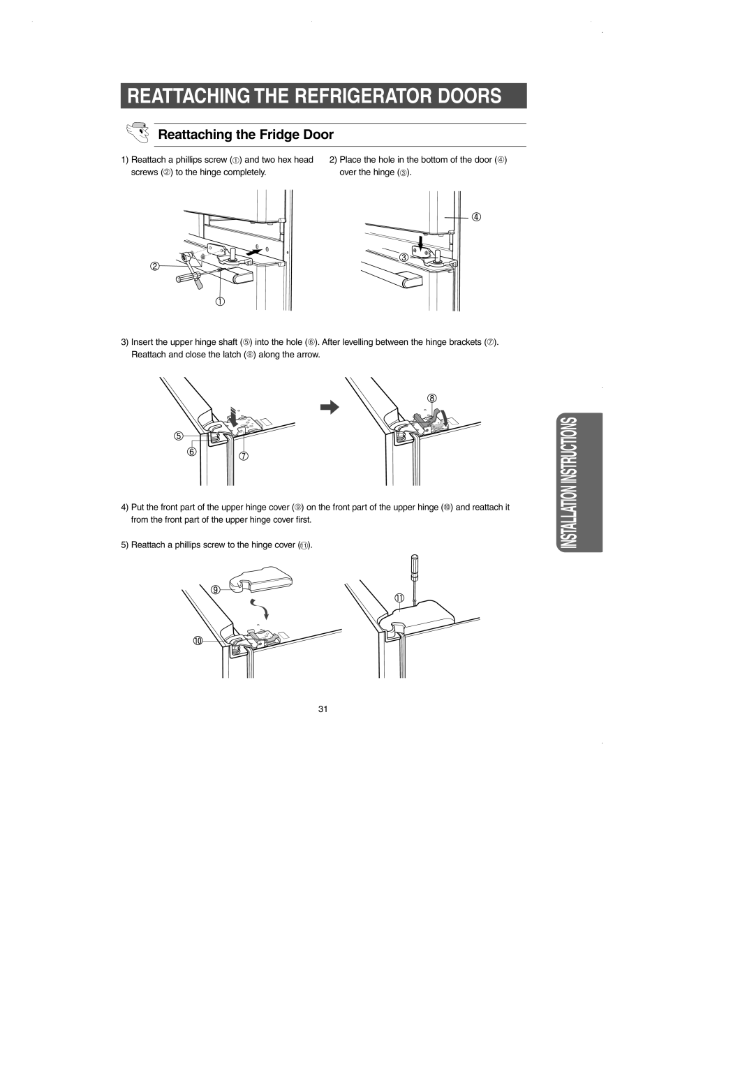 Samsung DA99-01225E owner manual Reattaching the Refrigerator Doors, Reattaching the Fridge Door 