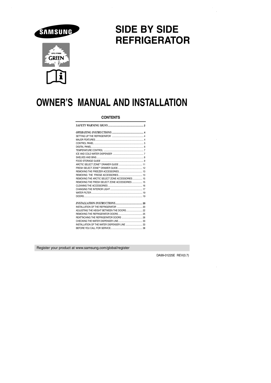 Samsung DA99-01225E owner manual Contents, Side By Side Refrigerator, Safety Warning Signs, Operating Instructions 