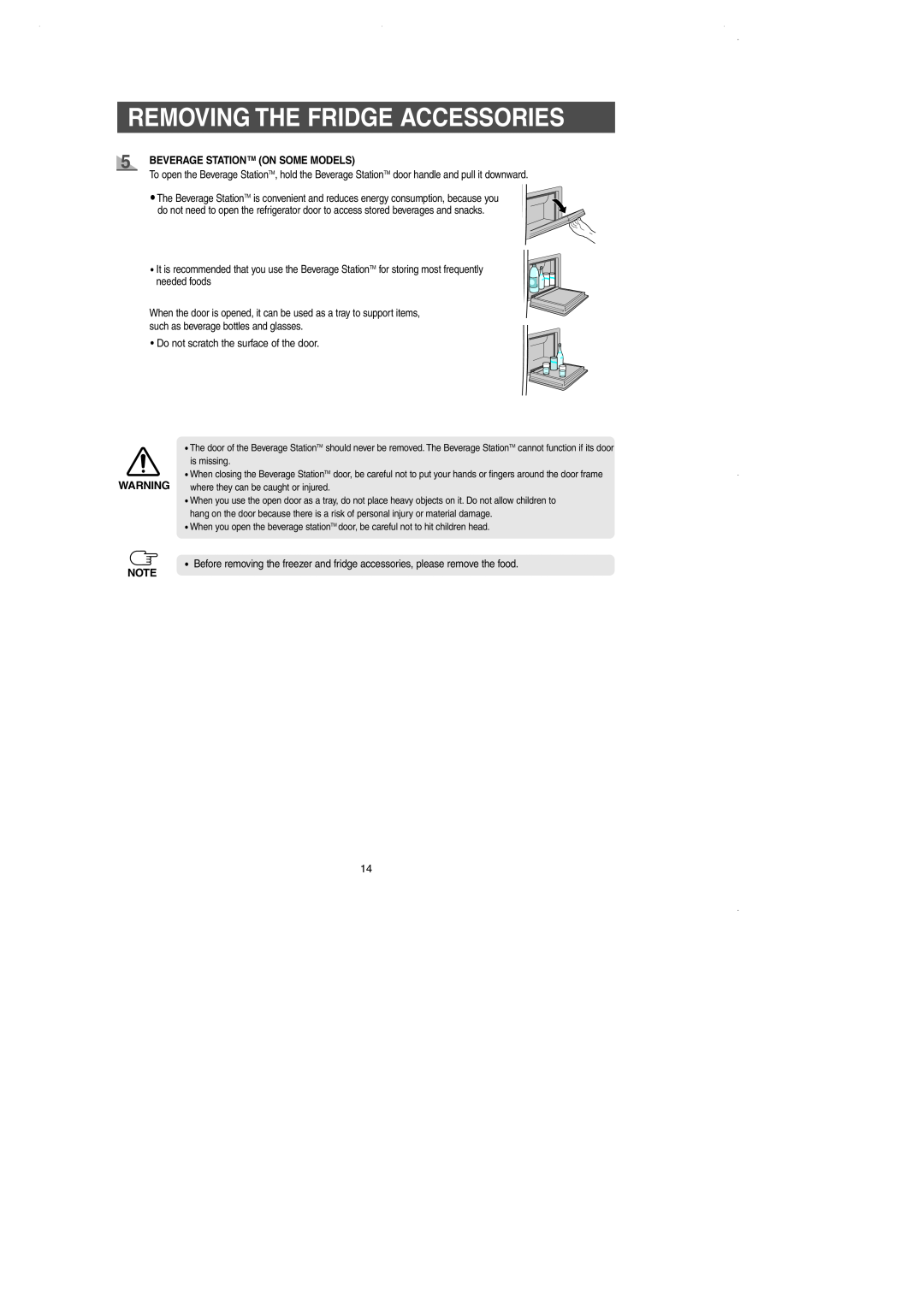 Samsung DA99-01225E owner manual Removing The Fridge Accessories, Beverage Stationtm On Some Models 