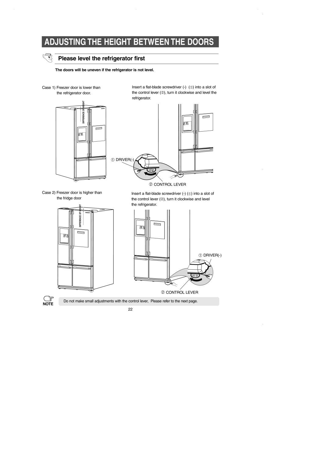 Samsung DA99-01225E Please level the refrigerator first, Adjusting The Height Between The Doors, Difference Of Height 