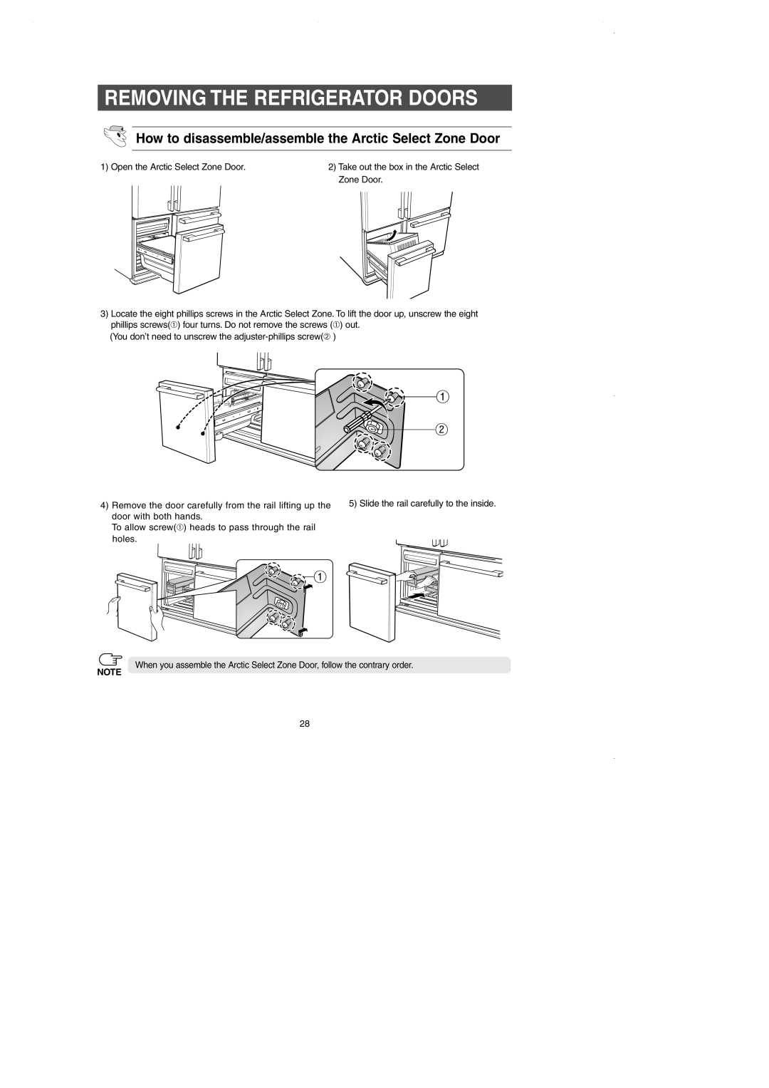 Samsung DA99-01225E owner manual How to disassemble/assemble the Arctic Select Zone Door, Removing The Refrigerator Doors 