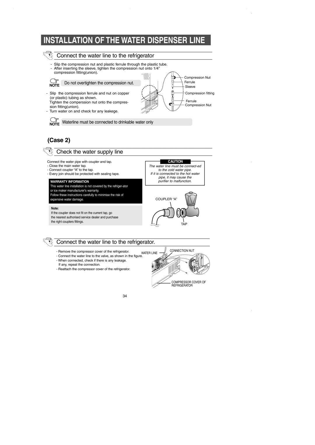 Samsung DA99-01225E owner manual Installation Of The Water Dispenser Line, Connect the water line to the refrigerator, Case 