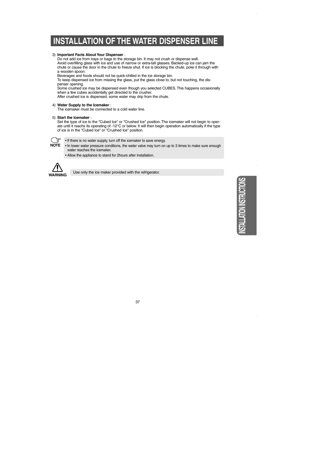 Samsung DA99-01225E Installation Of The Water Dispenser Line, Installation Instructions, Water Supply to the Icemaker 
