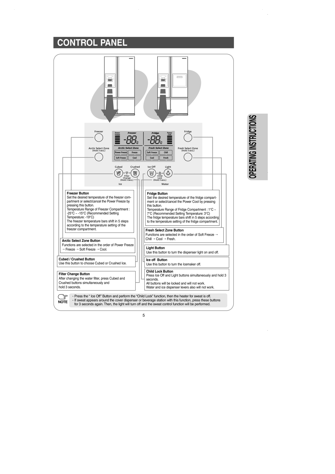 Samsung DA99-01225E Control Panel, Operating Instructions, Freezer Button, Arctic Select Zone Button, Filter Change Button 