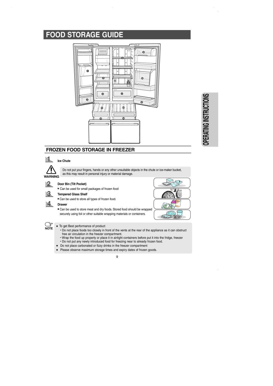 Samsung DA99-01225E Food Storage Guide, Frozen Food Storage In Freezer, Ice Chute, Door Bin Tilt Pocket, Drawer 
