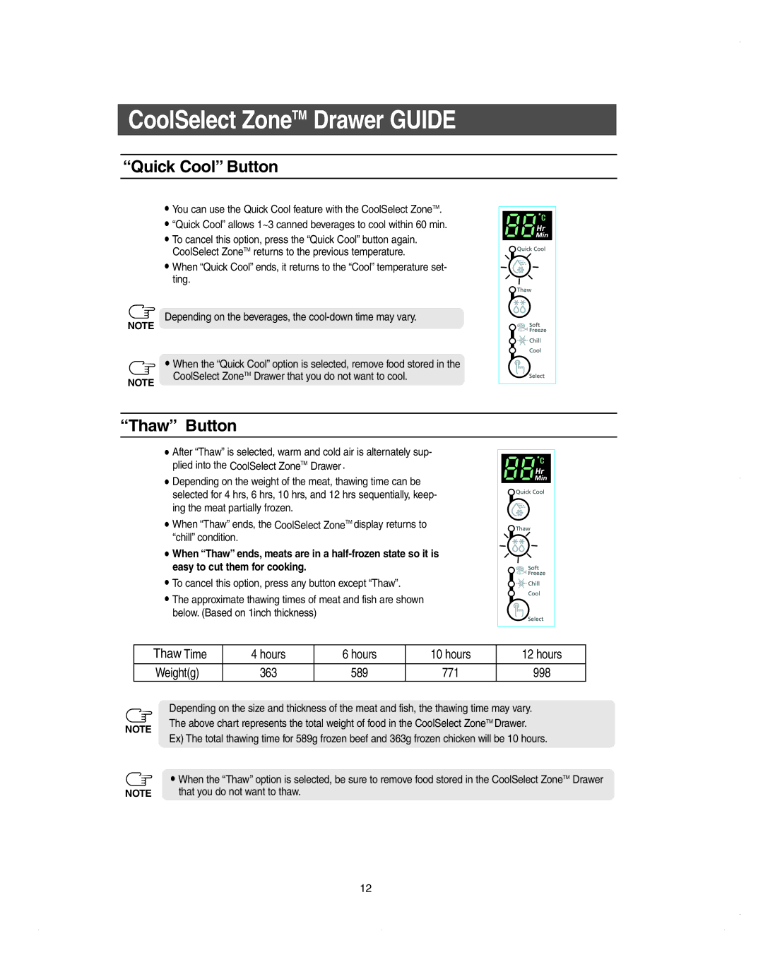 Samsung DA99-01278C owner manual Quick Cool Button, Thaw Button 