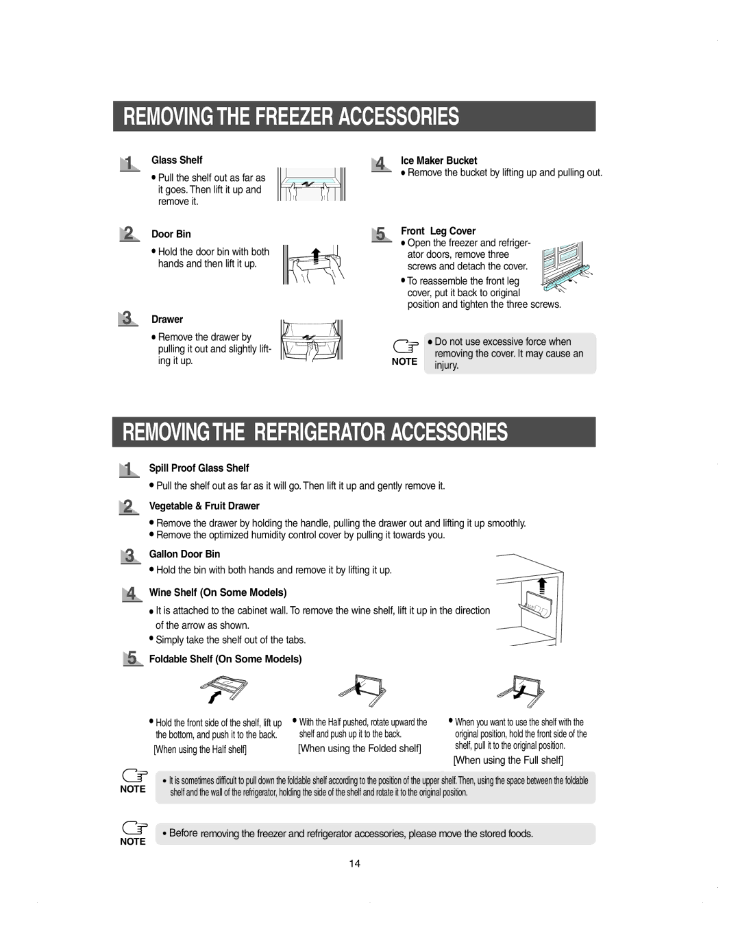 Samsung DA99-01278C owner manual Removing the Freezer Accessories, Removingthe Refrigerator Accessories 