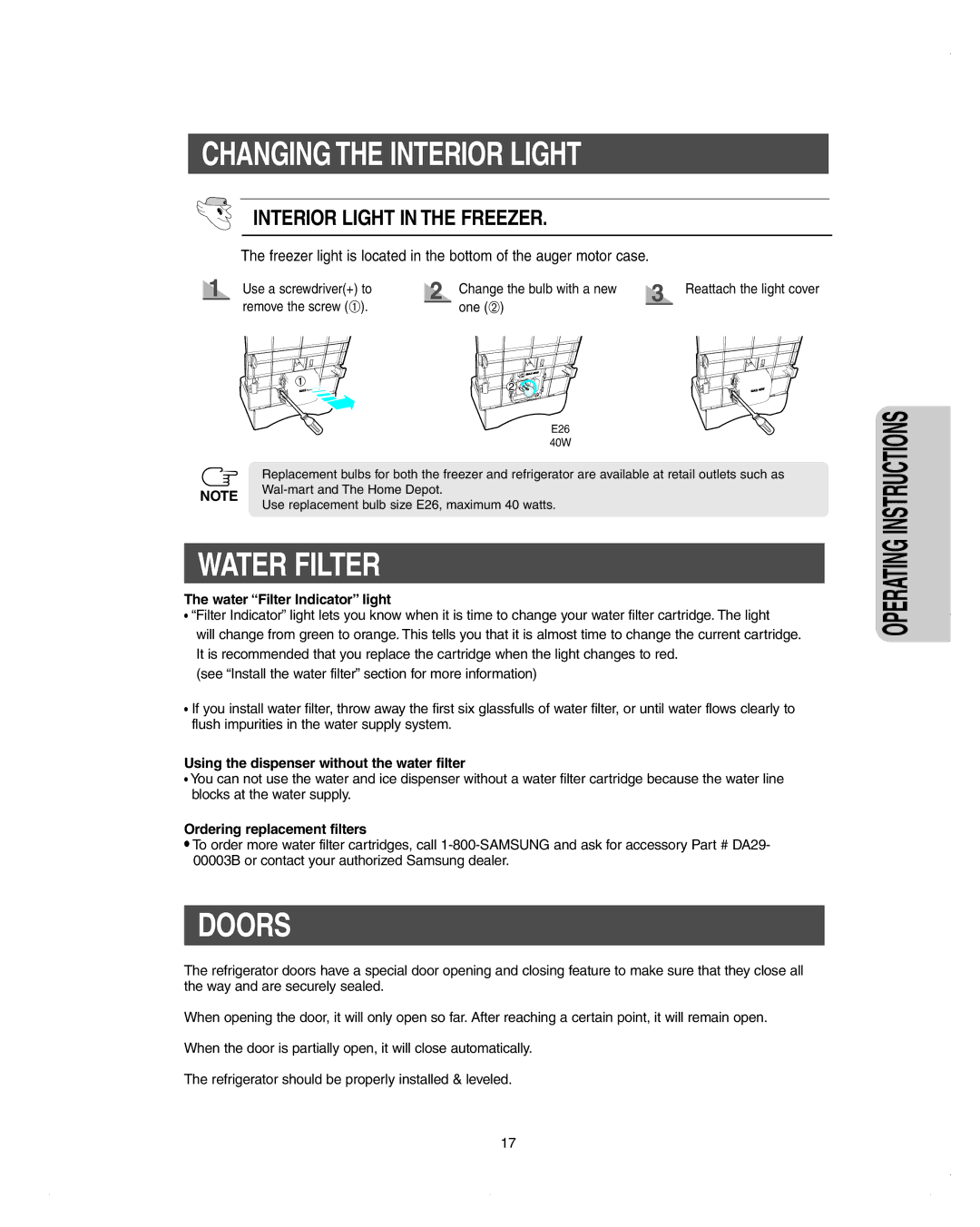 Samsung DA99-01278C owner manual Doors, Water Filter Indicator light, Using the dispenser without the water filter 