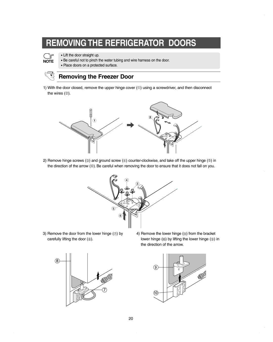 Samsung DA99-01278C owner manual Removing the Freezer Door, Lift the door straight up Place doors on a protected surface 