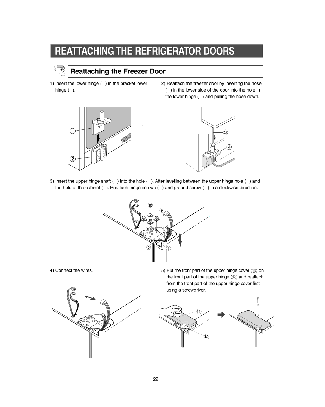 Samsung DA99-01278C owner manual Reattaching the Refrigerator Doors, Reattaching the Freezer Door, Using a screwdriver 