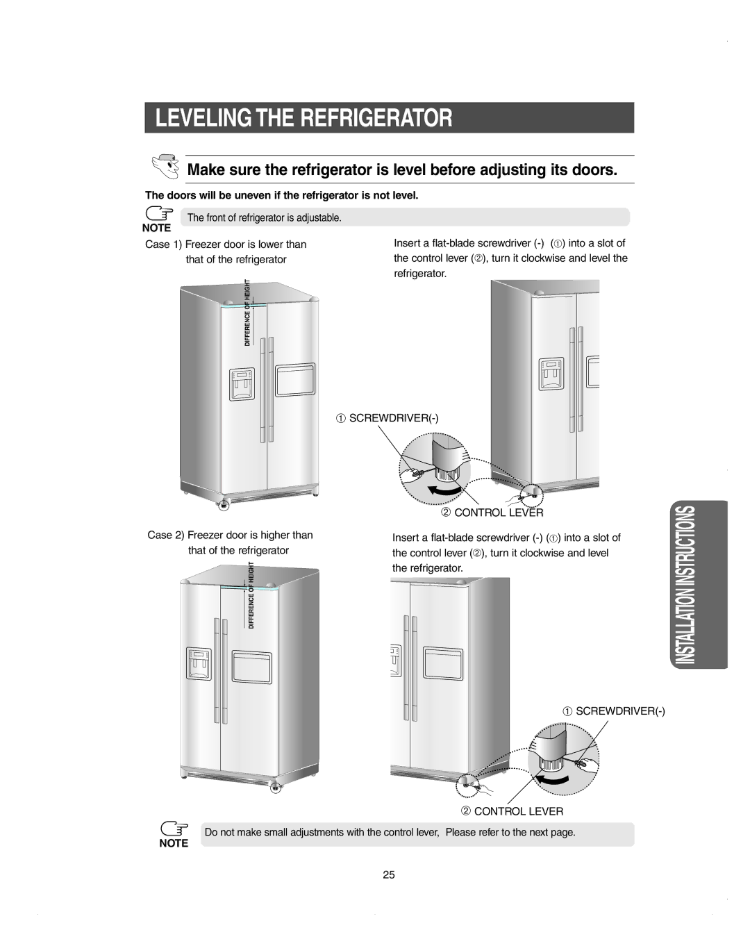 Samsung DA99-01278C owner manual Leveling the Refrigerator, Doors will be uneven if the refrigerator is not level 