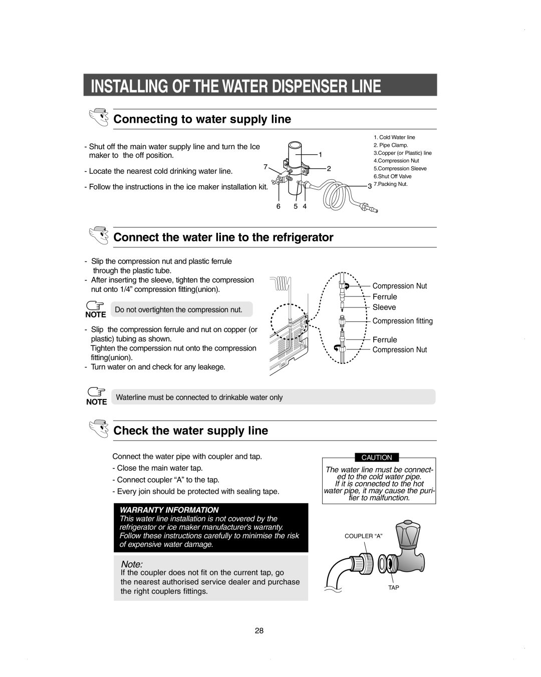 Samsung DA99-01278C Installing of the Water Dispenser Line, Connecting to water supply line, Check the water supply line 