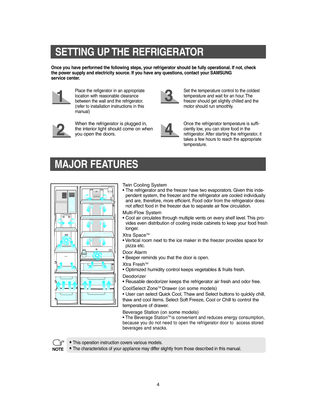 Samsung DA99-01278C owner manual Setting UP the Refrigerator, Major Features, Service center, Twin Cooling System 