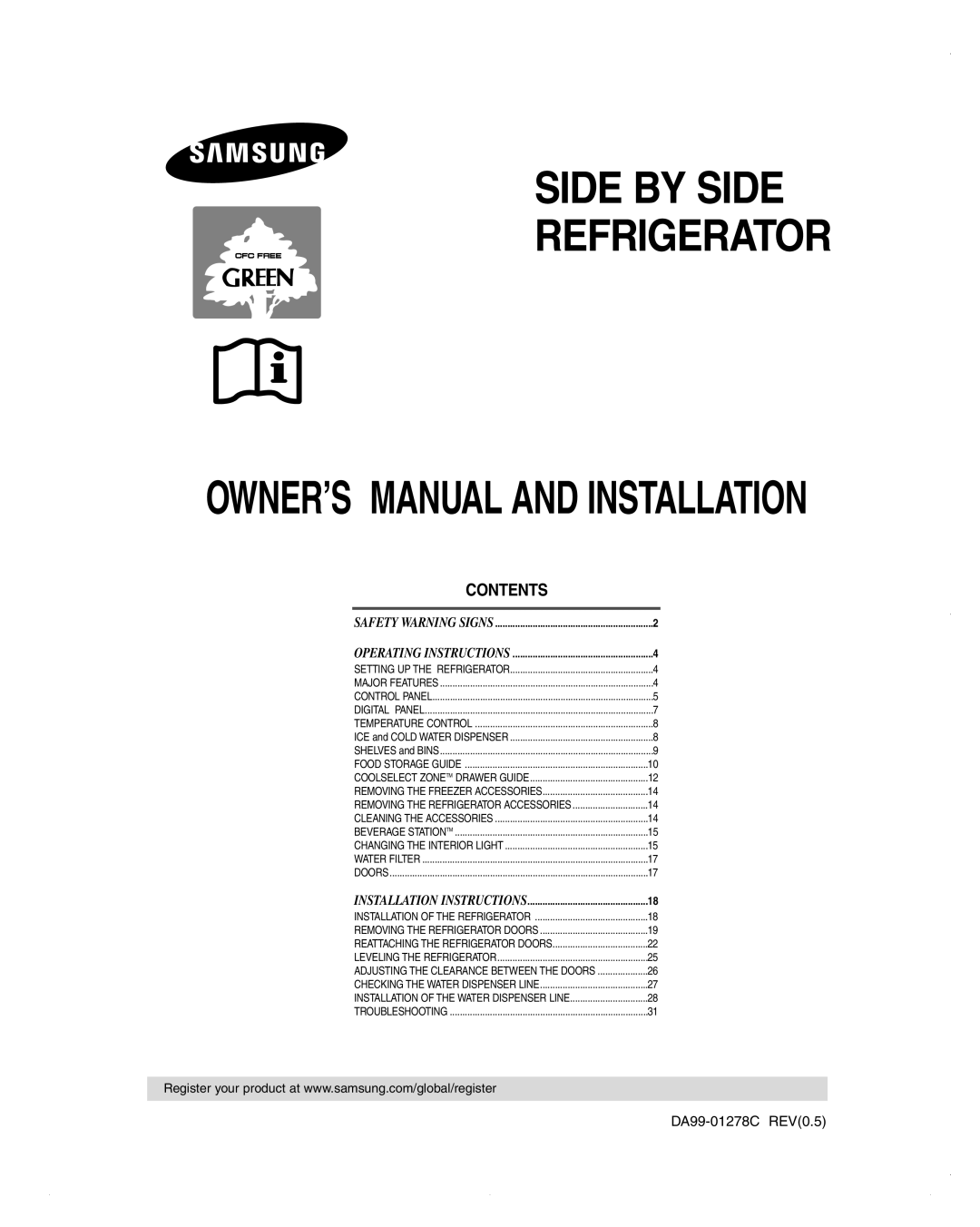 Samsung DA99-01278C owner manual Contents, Side By Side Refrigerator 