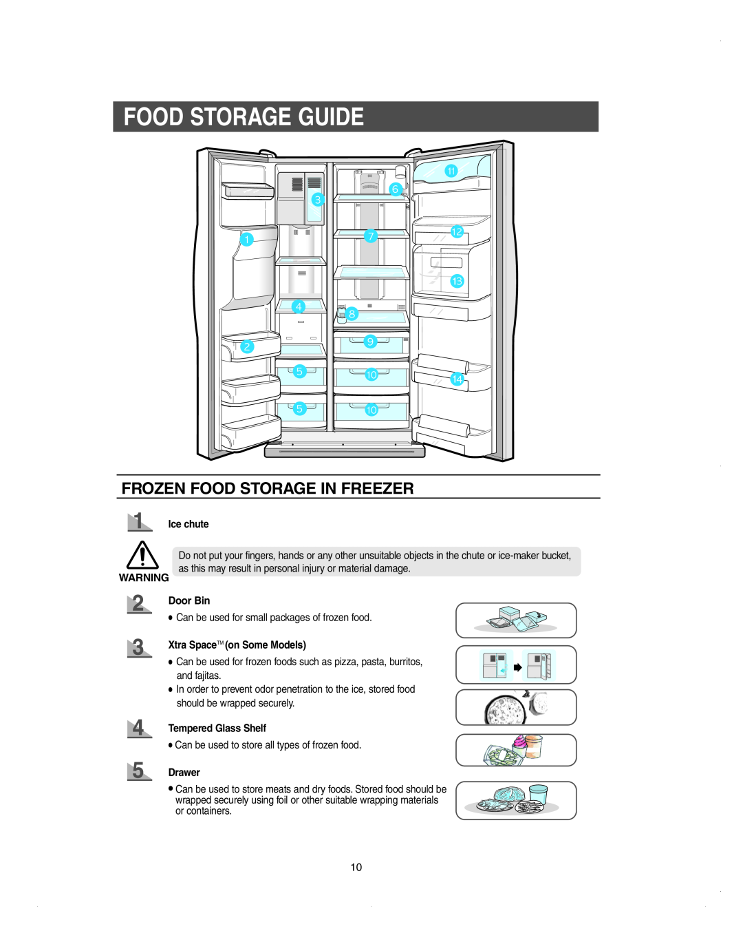 Samsung DA99-01278C Food Storage Guide, Frozen Food Storage In Freezer, Ice chute, Door Bin, Xtra SpaceTM on Some Models 