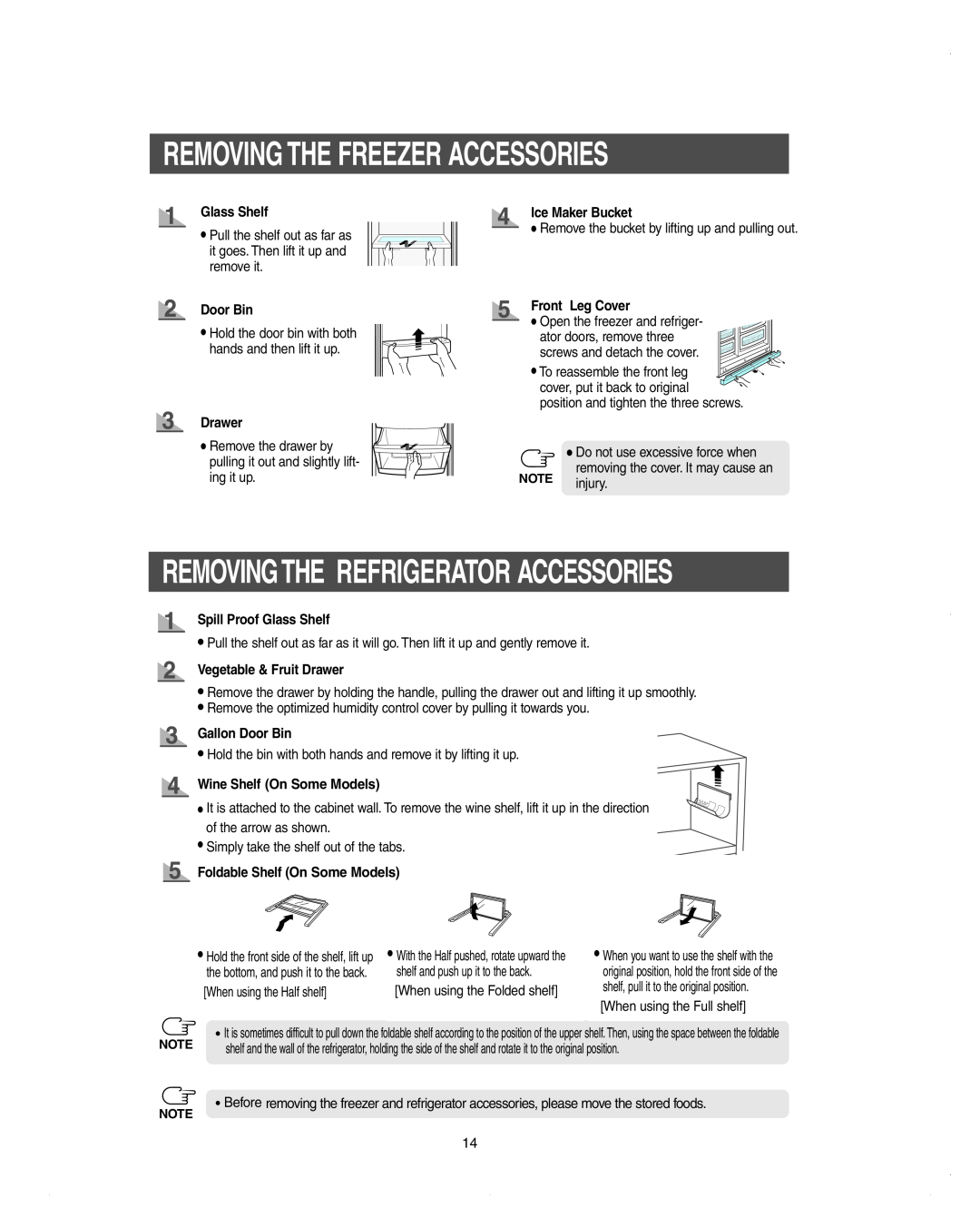 Samsung DA99-01278C Removing The Freezer Accessories, Removingthe Refrigerator Accessories, Glass Shelf, Ice Maker Bucket 
