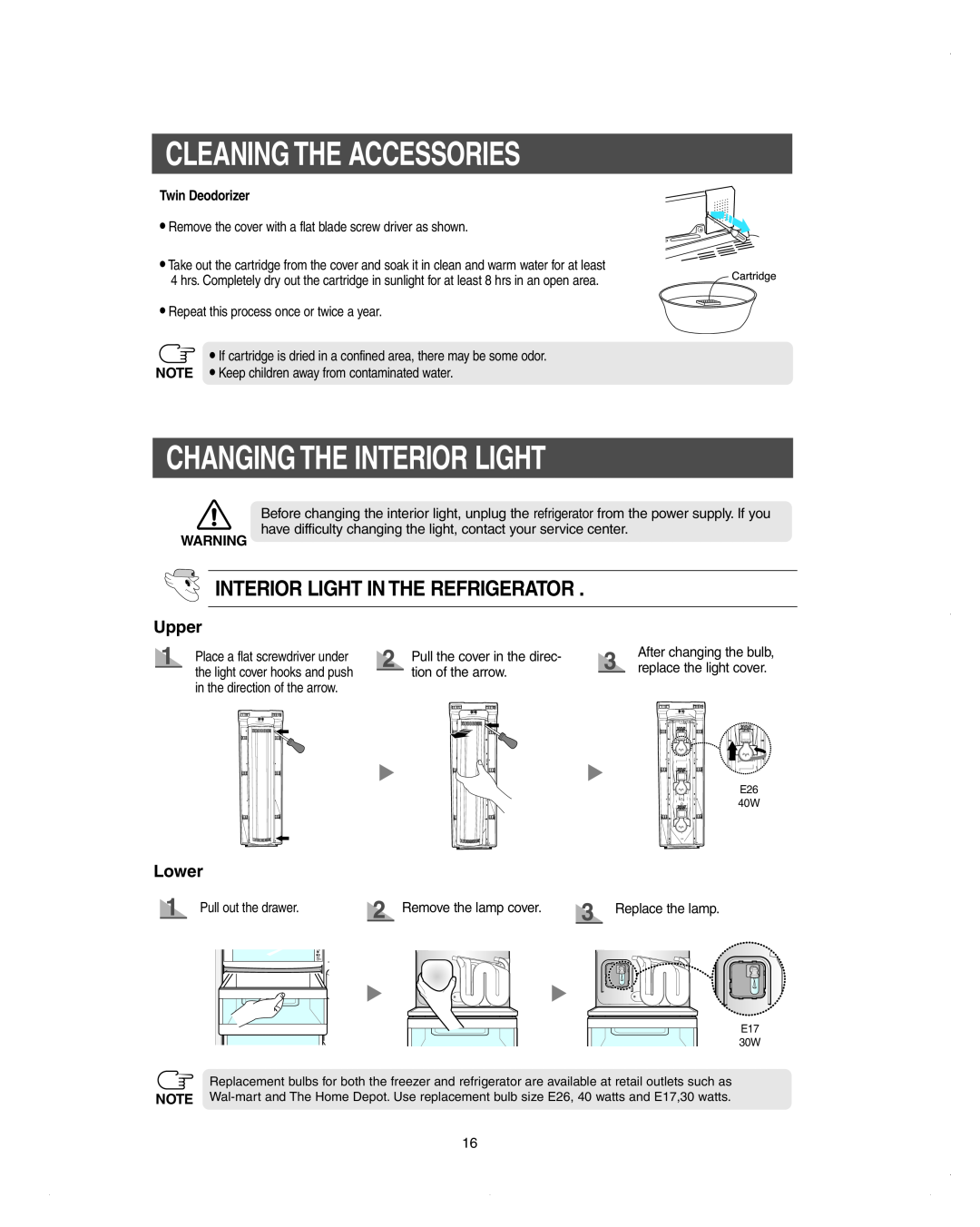 Samsung DA99-01278C Changing The Interior Light, Interior Light In The Refrigerator, Upper, Lower, Twin Deodorizer 