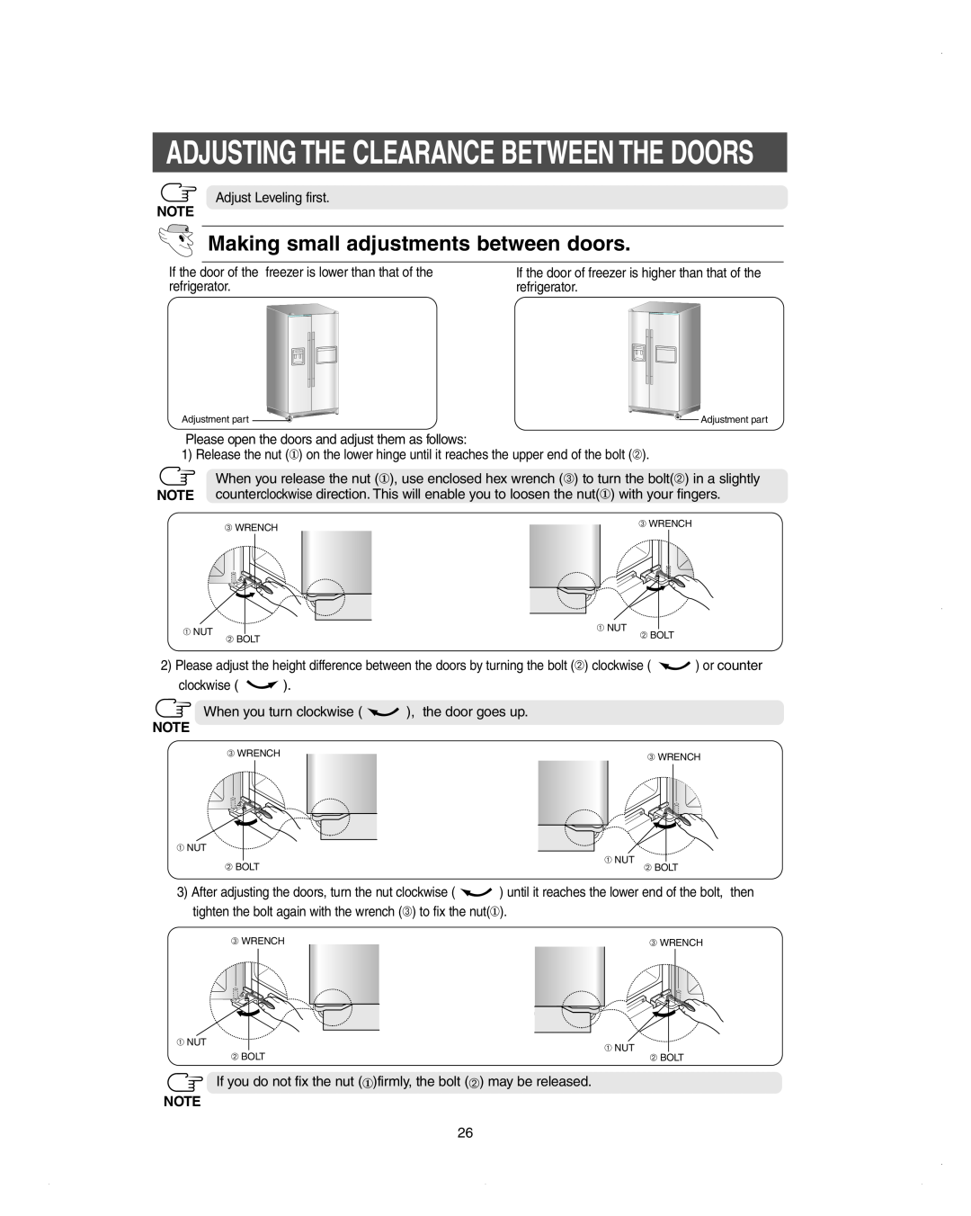 Samsung DA99-01278C owner manual Adjusting The Clearance Between The Doors, Making small adjustments between doors 