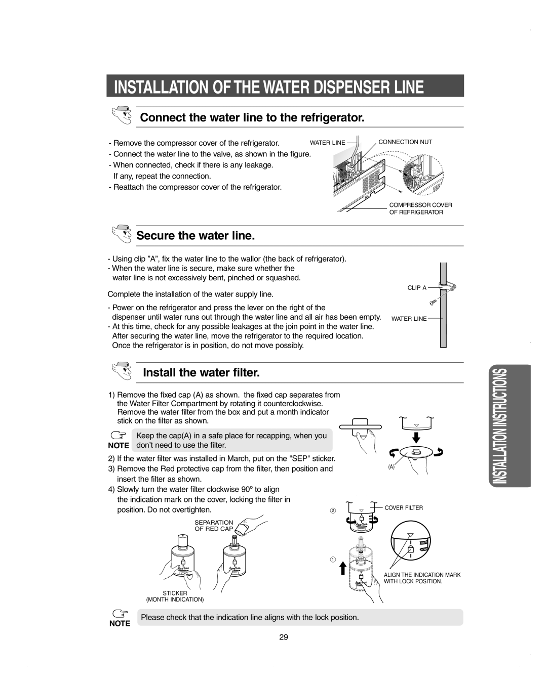 Samsung DA99-01278C owner manual Installation Of The Water Dispenser Line, Secure the water line, Install the water filter 