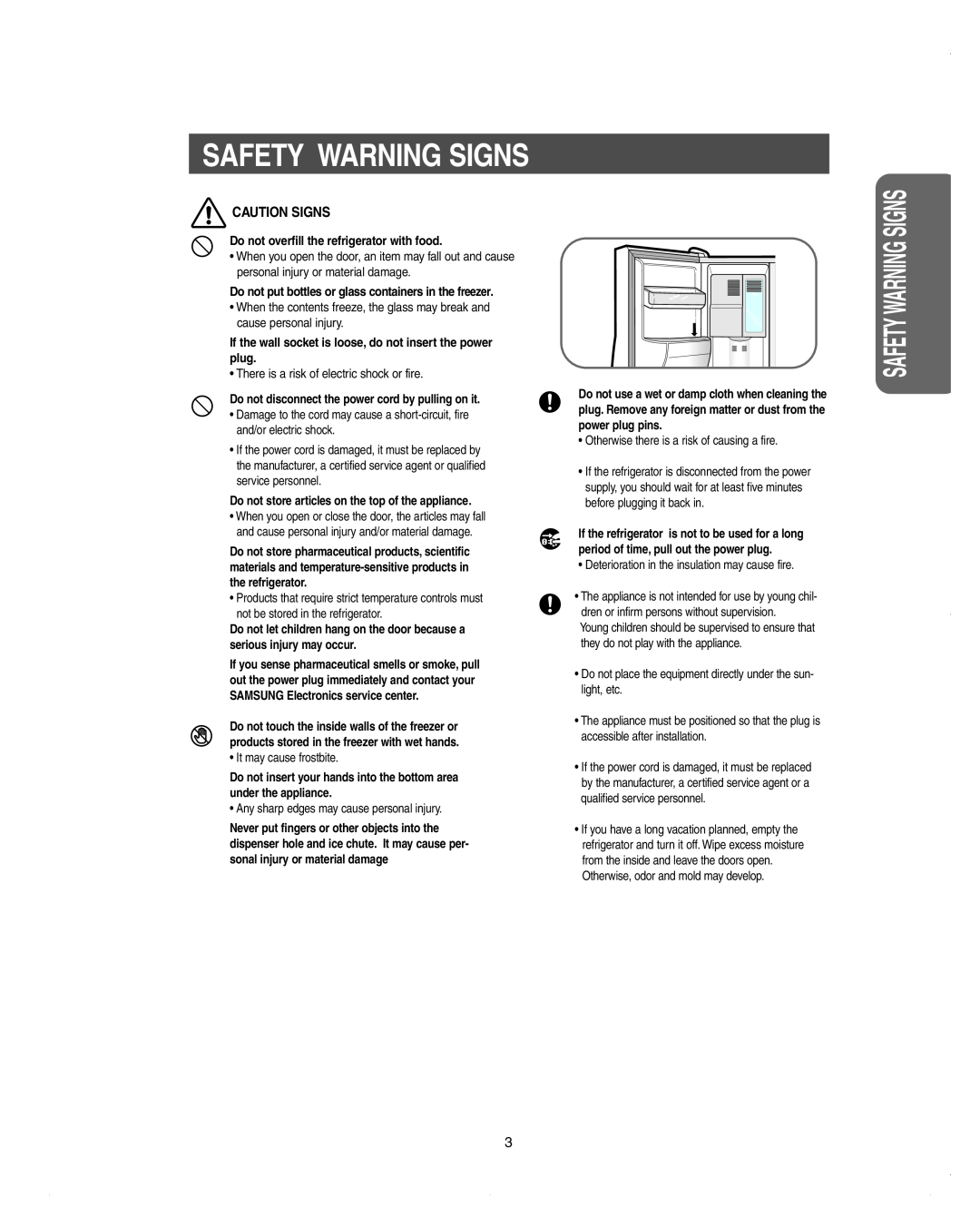 Samsung DA99-01278C owner manual Safety Warning Signs, Caution Signs, Do not overfill the refrigerator with food 