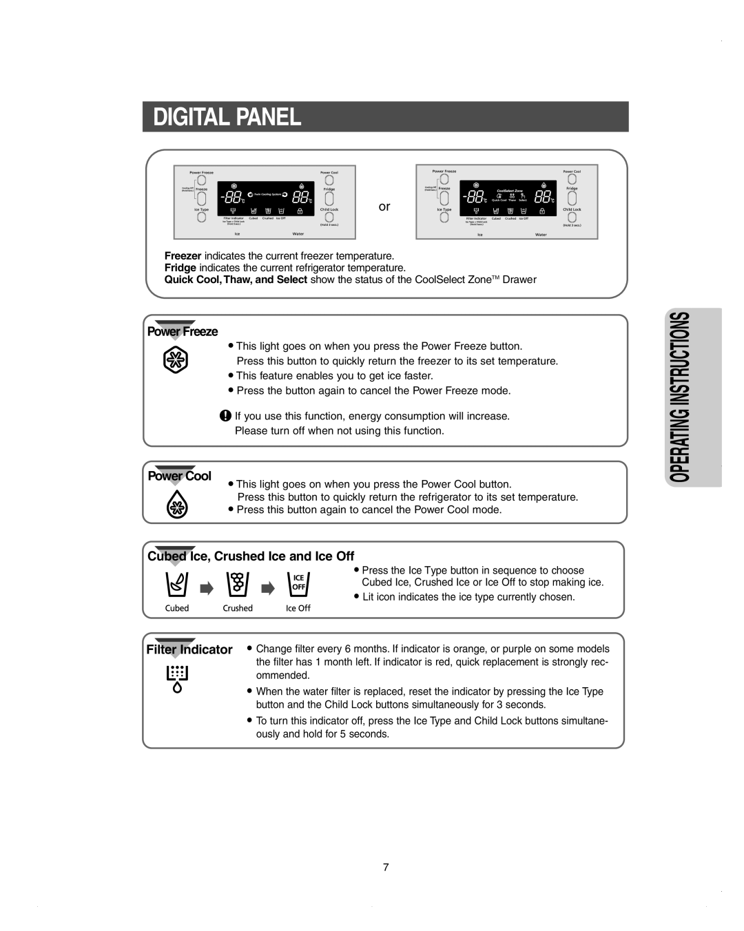 Samsung DA99-01278C Digital Panel, Power Freeze, Power Cool, Cubed Ice, Crushed Ice and Ice Off, Operating Instructions 