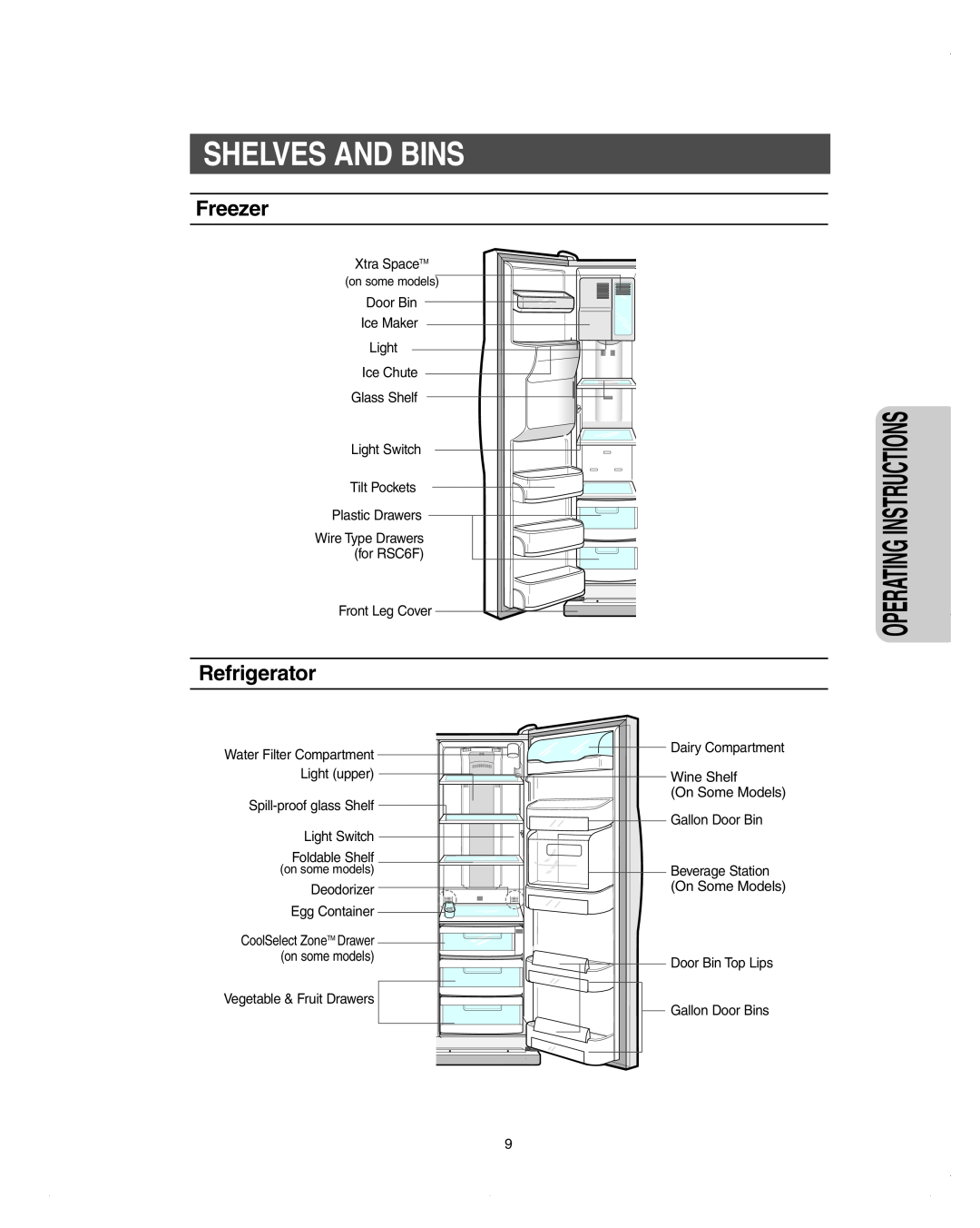 Samsung DA99-01278C owner manual Shelves And Bins, Freezer, Refrigerator, Operating Instructions 