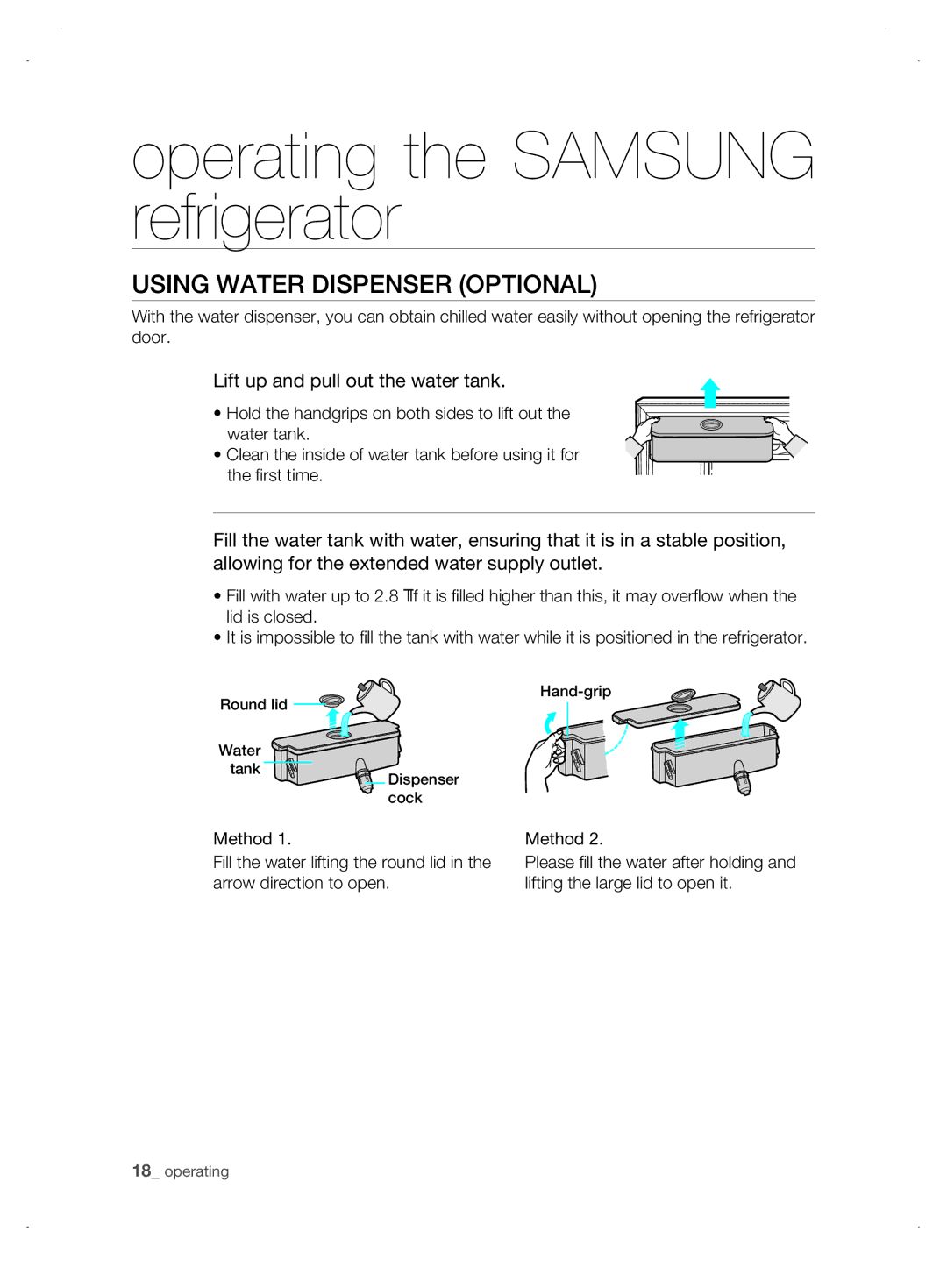 Samsung DA99-01906A user manual Using Water Dispenser Optional, Lift up and pull out the water tank 