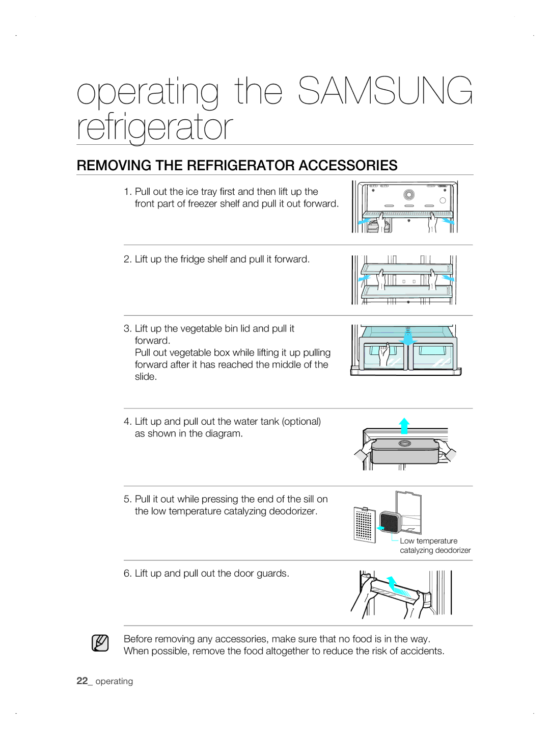 Samsung DA99-01906A user manual Removing the Refrigerator Accessories, Lift up and pull out the door guards 