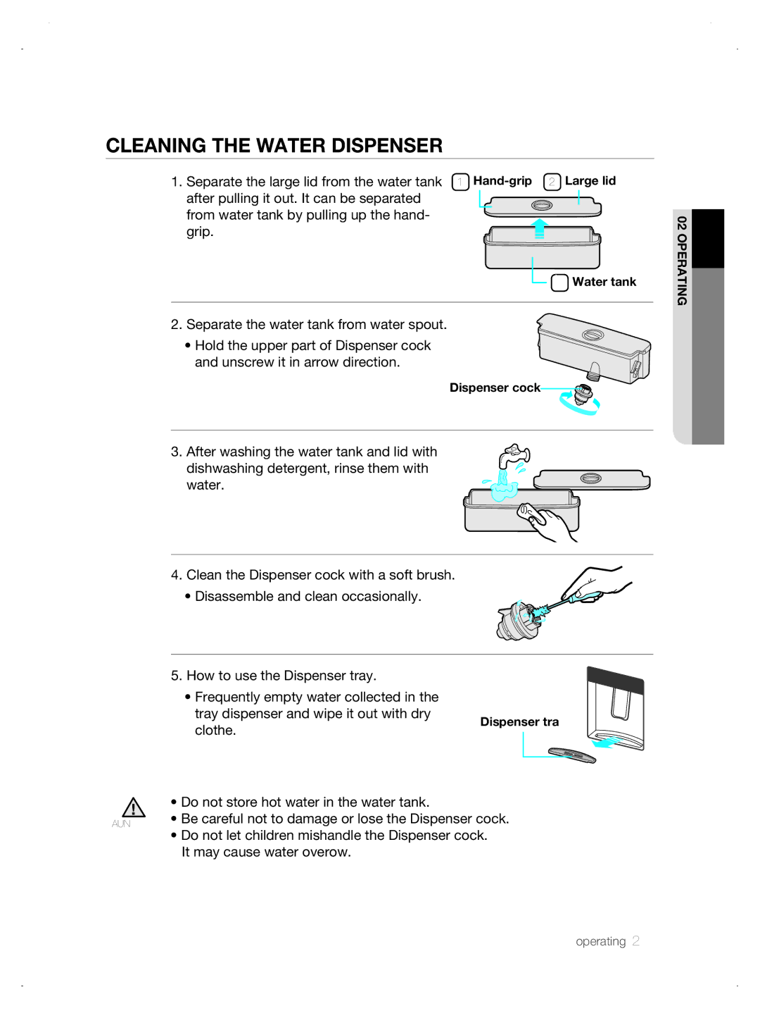 Samsung DA99-01906A user manual Cleaning the Water Dispenser, Separate the large lid from the water tank, Clothe 