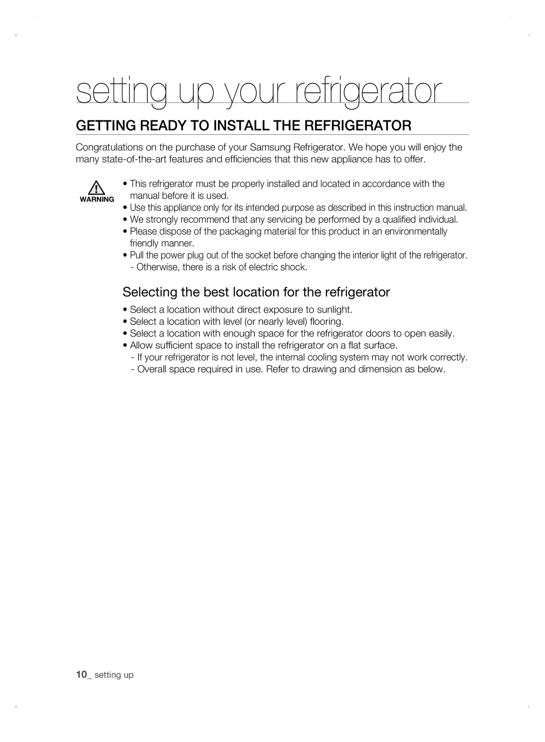 Samsung DA99-01906A user manual setting up your refrigerator, gEtting rEaDy to instaLL tHE rEfrigErator 