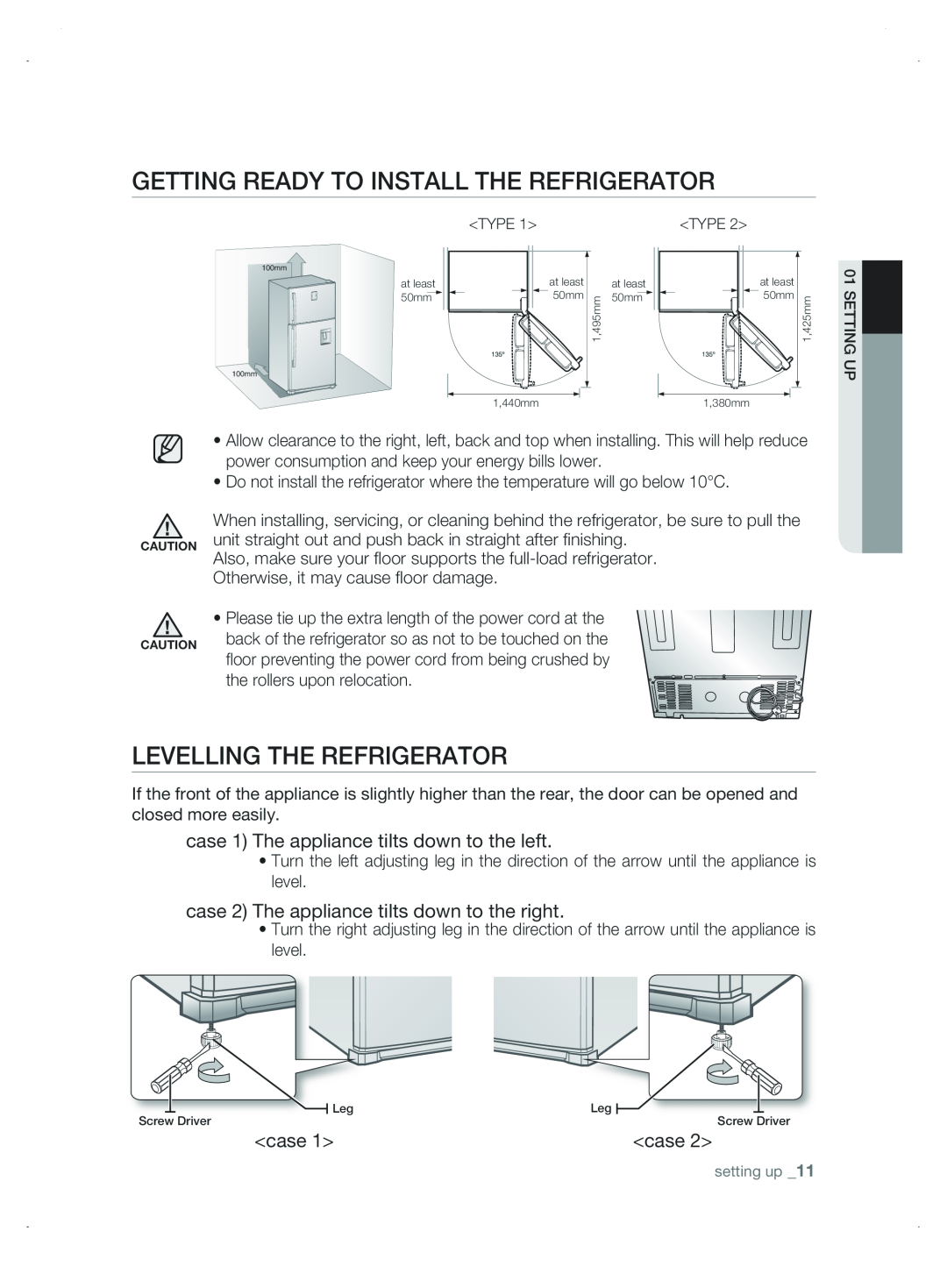 Samsung DA99-01906A user manual Levelling tHE rEfrigErator, case 1 The appliance tilts down to the left 