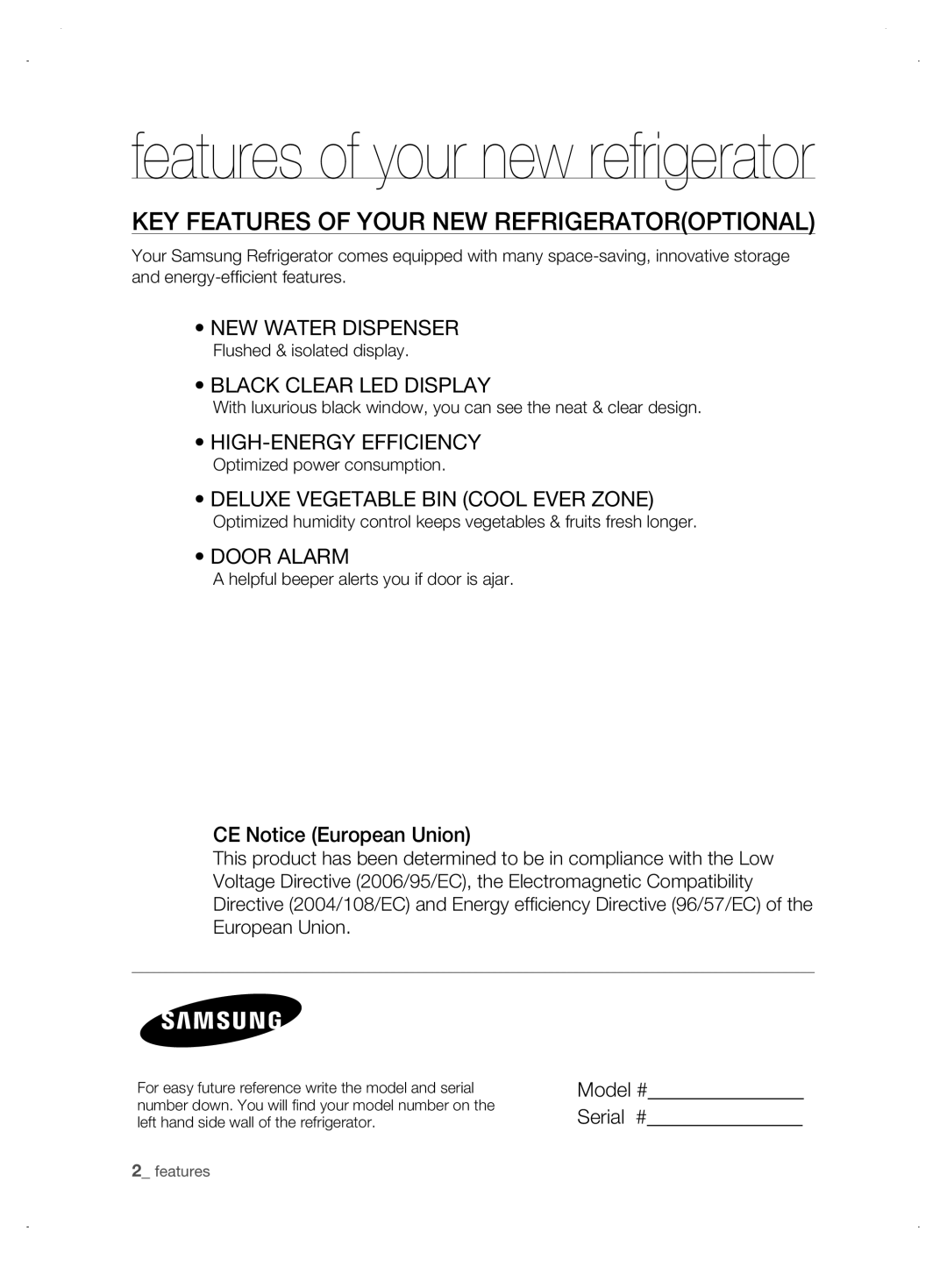 Samsung DA99-01906A features of your new refrigerator, KEy fEaturEs of your nEw rEfrigEratorOPTIONAL, New Water Dispenser 