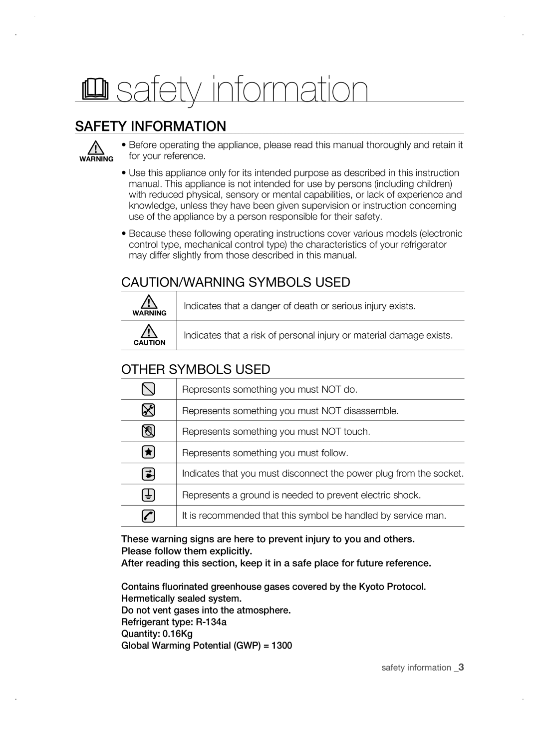 Samsung DA99-01906A user manual safety information, safEty inforMation, Caution/Warning Symbols Used, Other Symbols Used 
