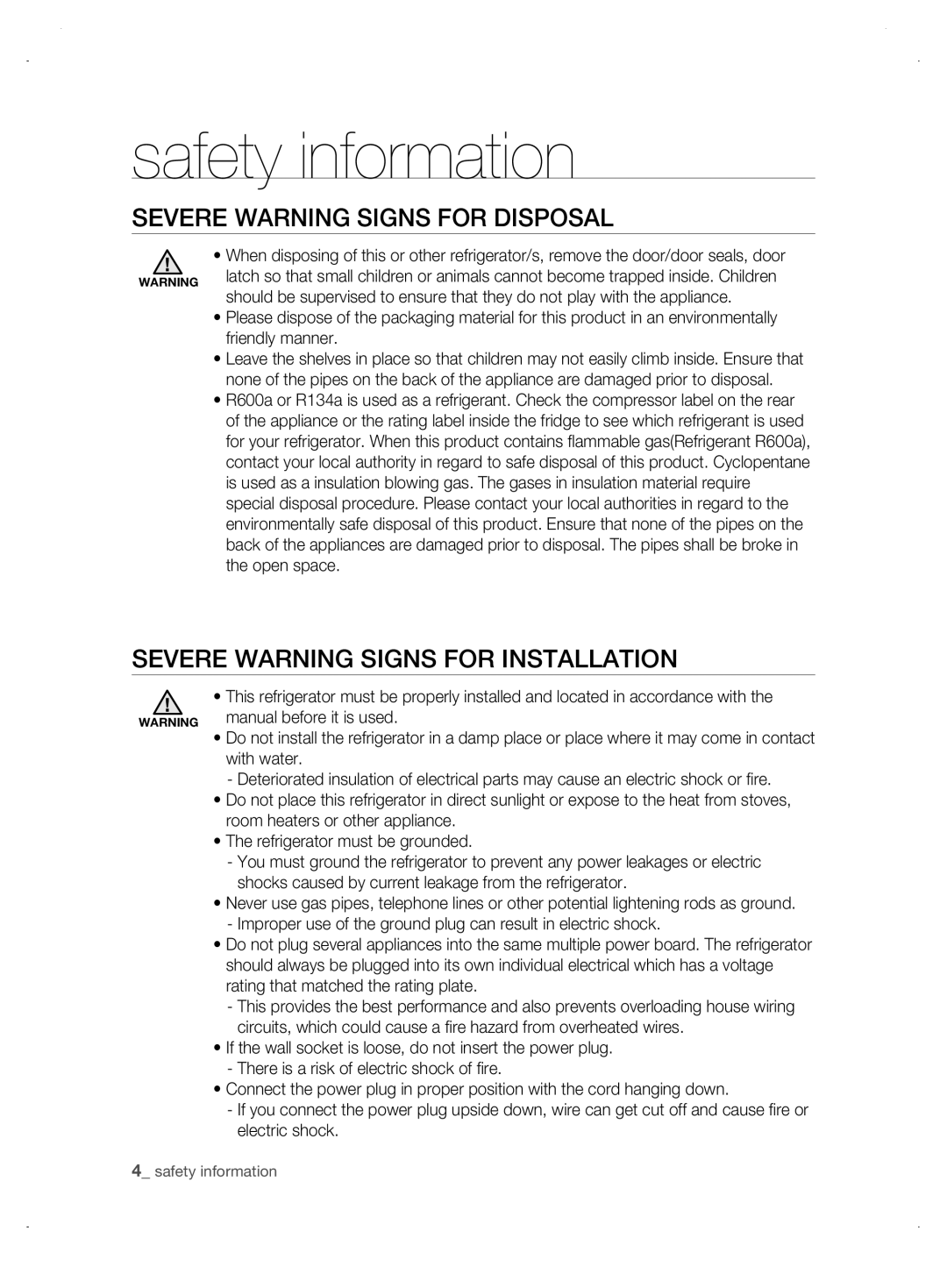 Samsung DA99-01906A SEVERE warning signs for DisPosaL, SEVERE WARNING SIGNS for INSTALLATION, manual before it is used 