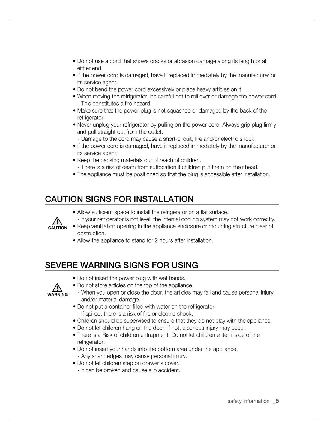 Samsung DA99-01906A user manual CAUTION SIGNS for INSTALLATION, SEVERE WARNING SIGNS for USING, and/or material damage 