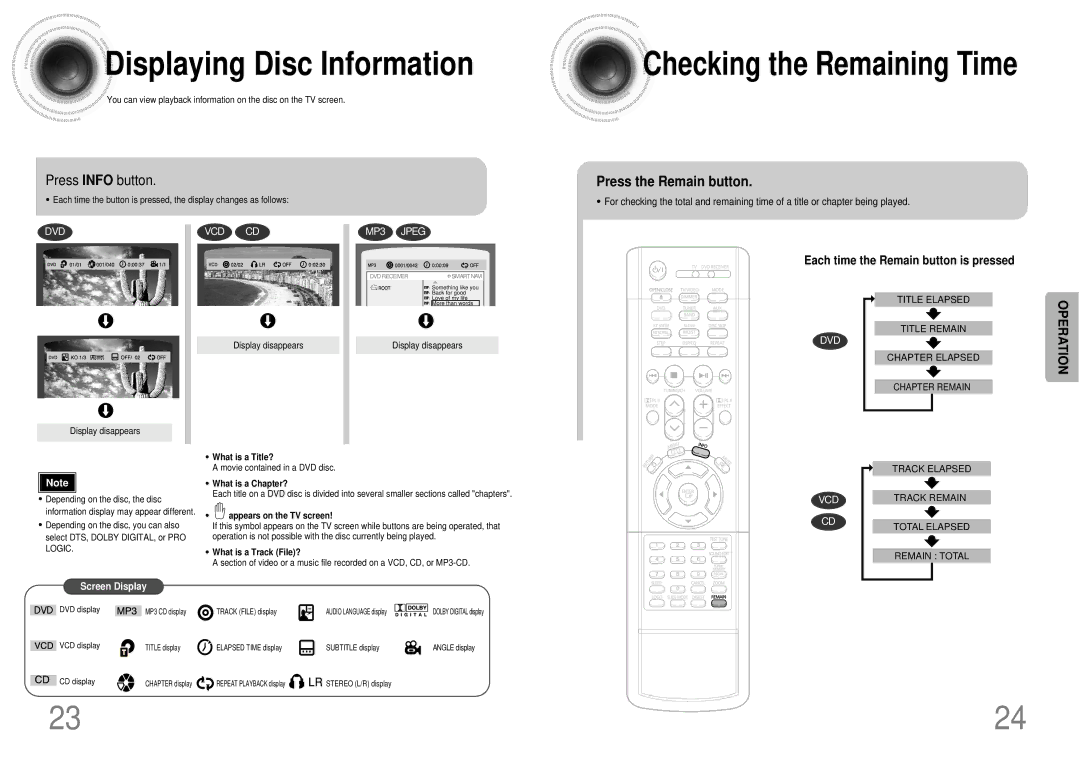 Samsung AH68-01287S, DB600-SECAGB instruction manual Displaying Disc Information, Press Info button, Press the Remain button 