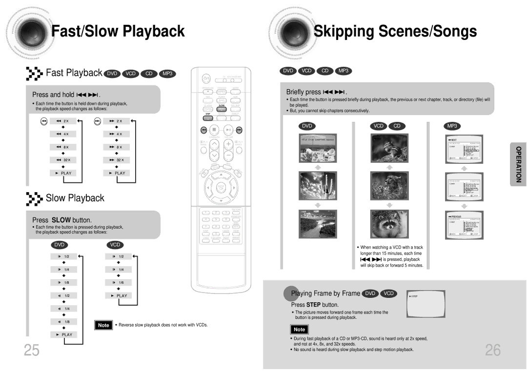 Samsung 20041112090049937, DB600-SECAGB, AH68-01287S instruction manual Fast/Slow Playback, Skipping Scenes/Songs 