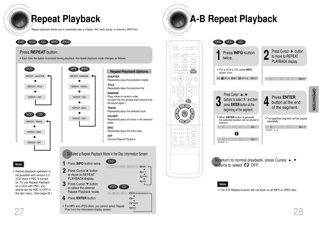 Samsung DB600-SECAGB, AH68-01287S Press Repeat button, Press Info button twice, Repeat Playback Options 