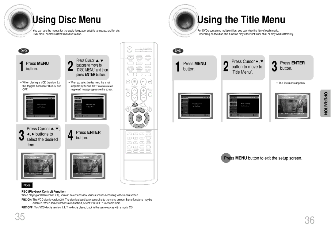 Samsung AH68-01287S, DB600-SECAGB Using the Title Menu, Using Disc Menu, Press Menu button to exit the setup screen 