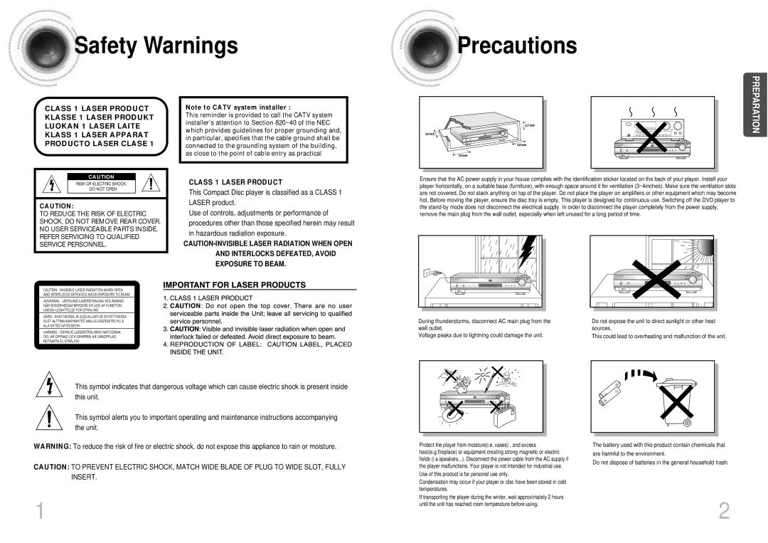 Samsung 20041112090049937, DB600-SECAGB, AH68-01287S instruction manual Safety Warnings Precautions, Class 1 Laser Product 