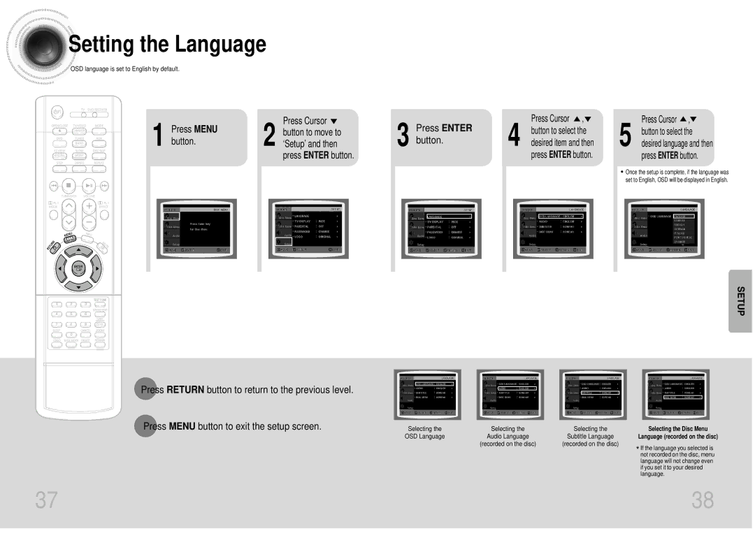 Samsung 20041112090049937, DB600-SECAGB, AH68-01287S Setting the Language, Press Menu, Press Cursor Button to select 